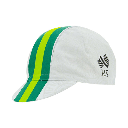 A cycling cap with a white base and featuring green and yellow stripes on the side, with the Australian flag's color scheme.