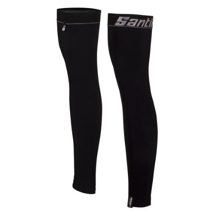 A pair of black Santini B-Hot H20 leg warmers laid out flat.