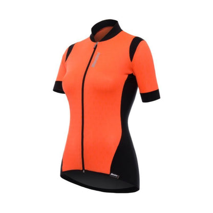 Santini Short-sleeved women's cycling jersey in orange with black accents and a zipper in the front.