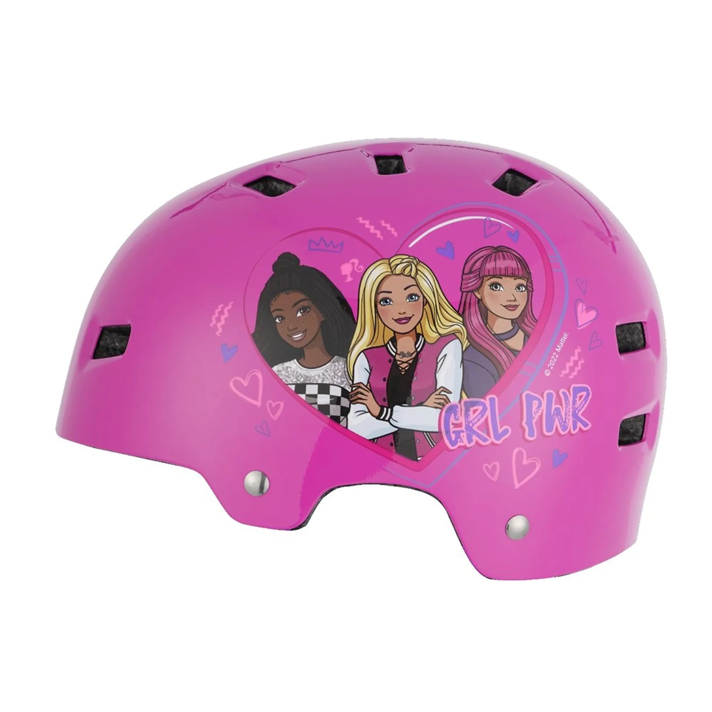 A pink kids' skate helmet with illustrations of Barbie characters on the side.